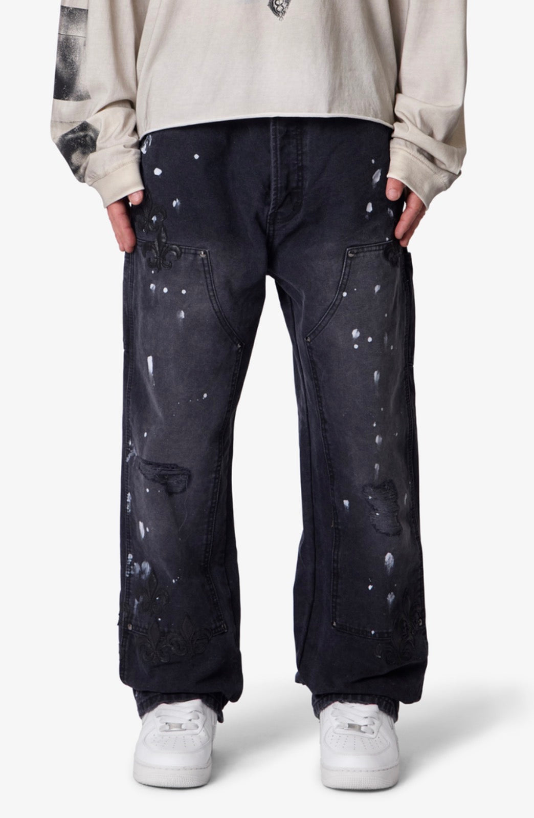 Torn Double Knee Pants Black Wash